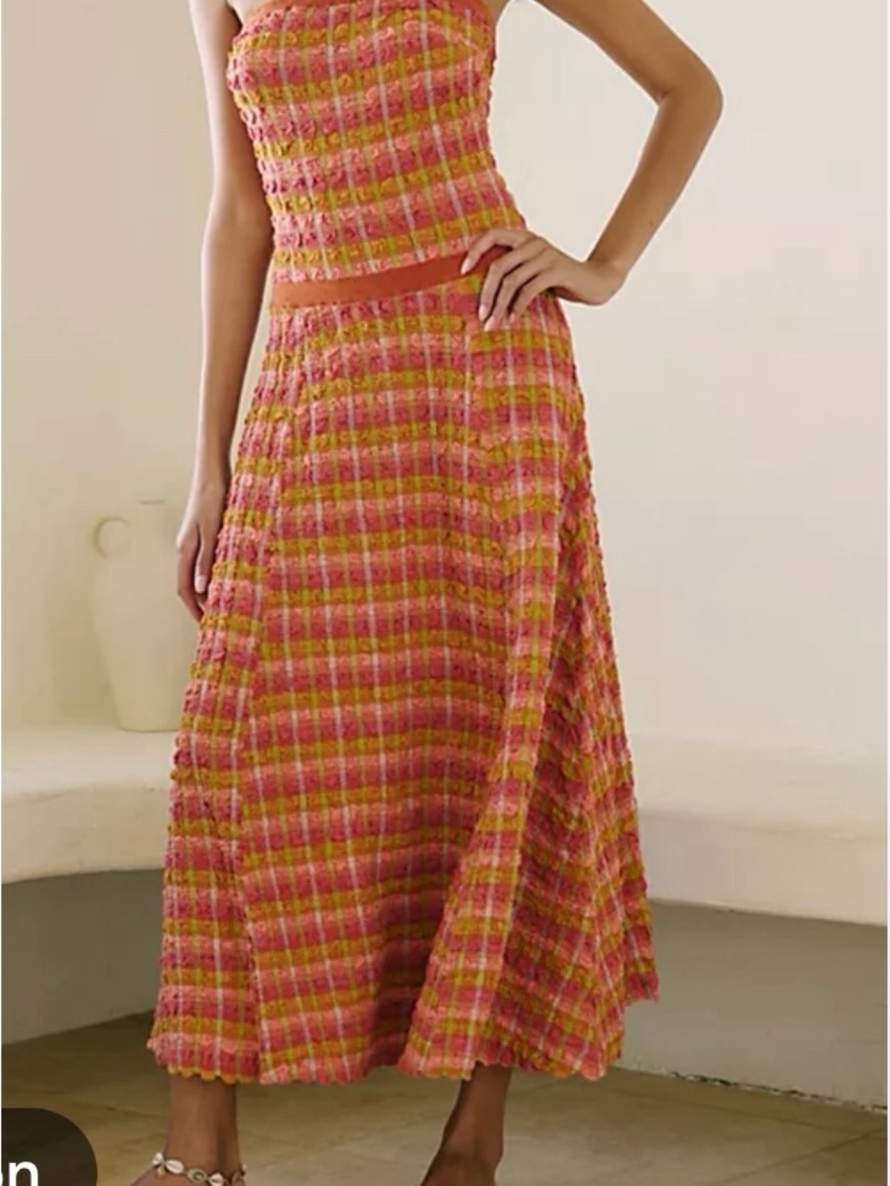 Free People Pink and Yellow Plaid Strapless Midi Dress